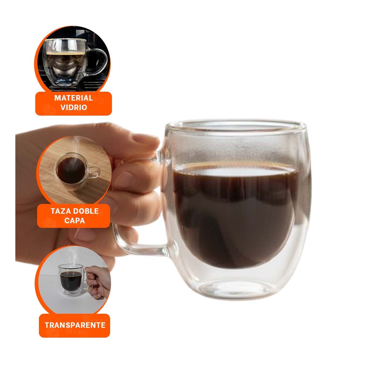 TAZA DE 80 ML ESPRESSO DOBLE CAPA EN TRANSPARENTE CON ASA CUADRADA YPAPEL REGALO - 5