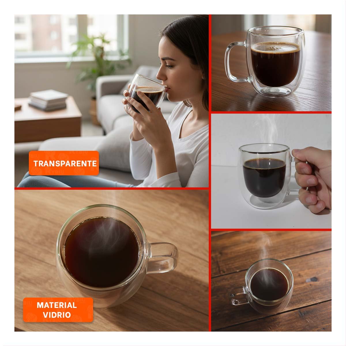 TAZA ESPRESSO DOBLE CAPA 80 ML DE COLOR TRANSPARENTE CON ASA CUADRADA - 2