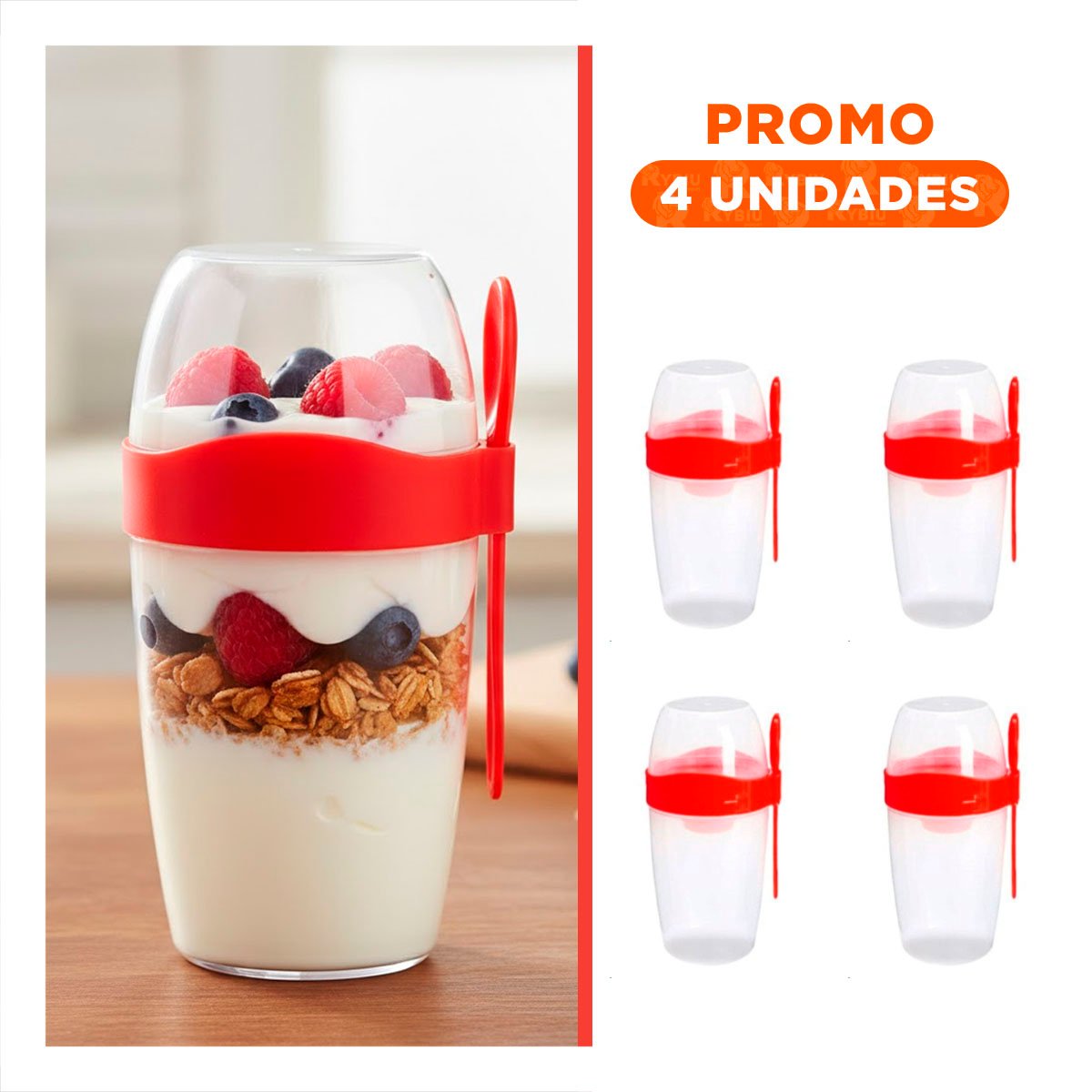 PACK4 CONTENEDOR YOGURERO GRANDE ROJO 2 EN 1 CON CUBIERTO PARA LLEVAR EN MOCHILA - 1
