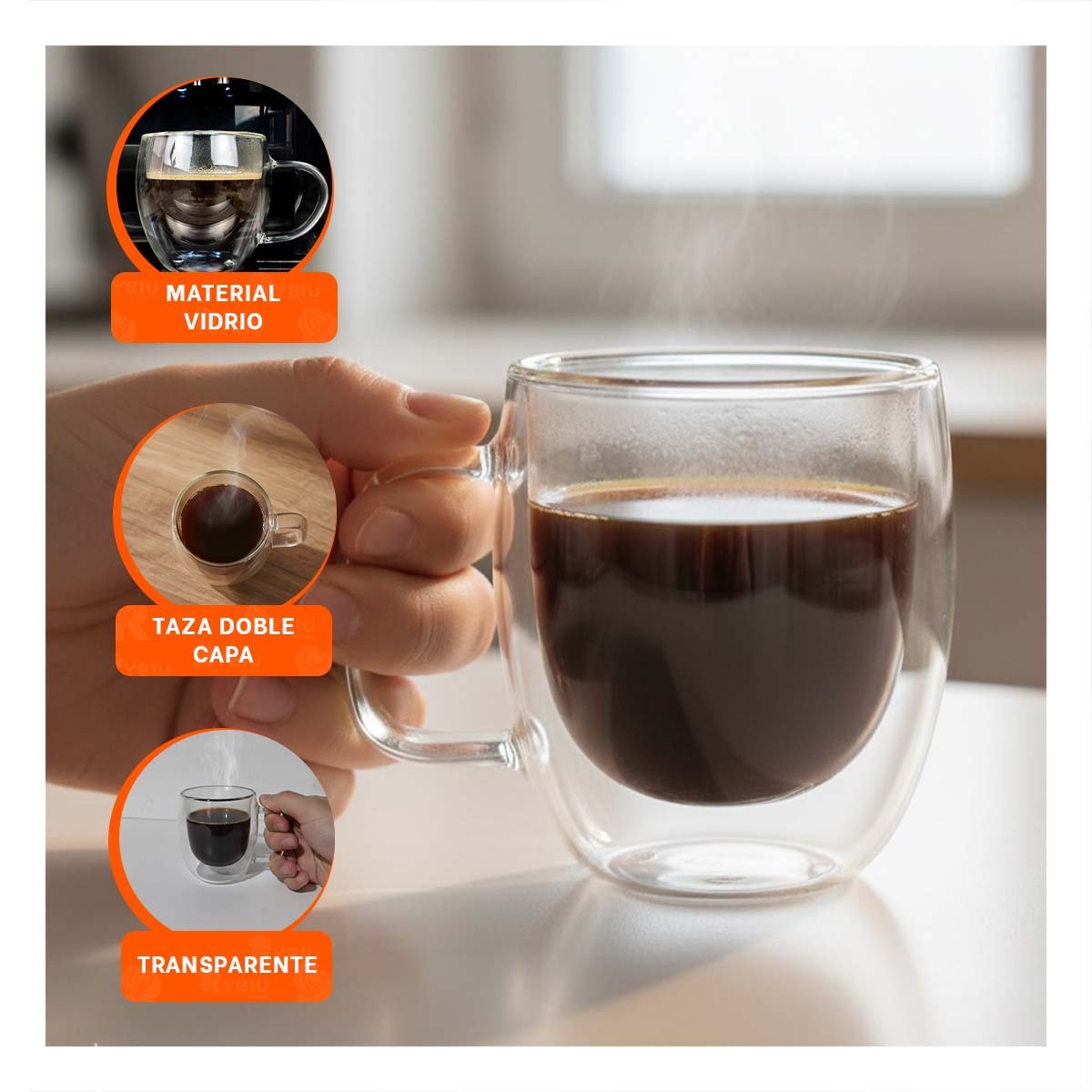PACK2 COPA ESPRESSO 80 ML DE DOBLE CAPA TRANSPARENTE CON ASA CUADRADA - 5