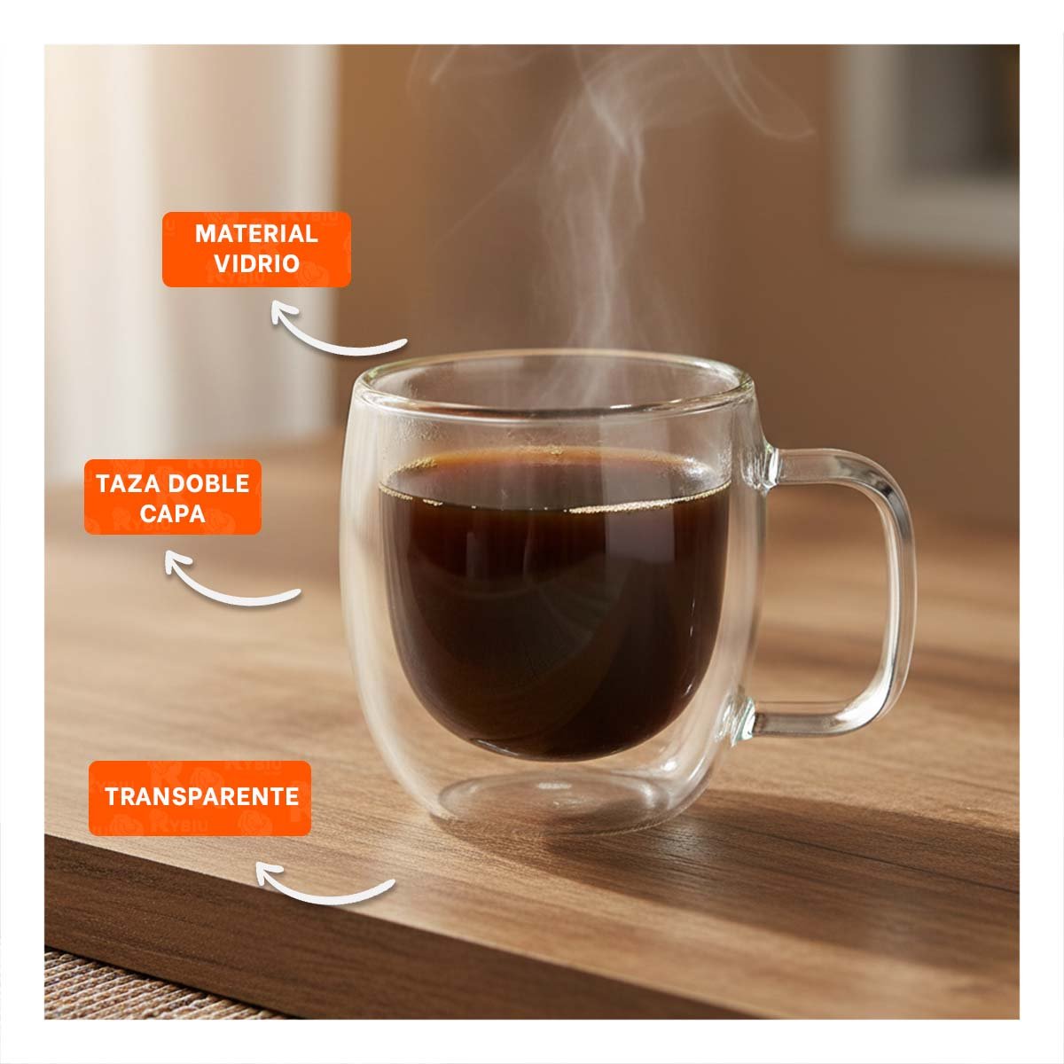 PACK6 RECIPIENTE CON ASA CUADRADA ESPRESSO 80 ML DOBLE CAPA TRANSPARENTE - 2