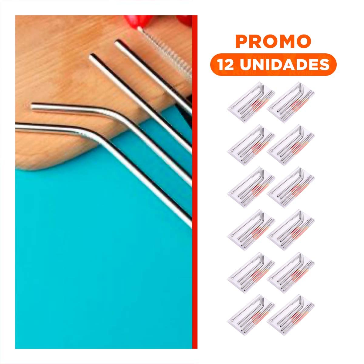 PACK12 KIT PLATEADO CON 5 POPOTES Y CEPILLO LIMPIA POPOTES EN ESTUCHE RECTA Y CURVA - 1