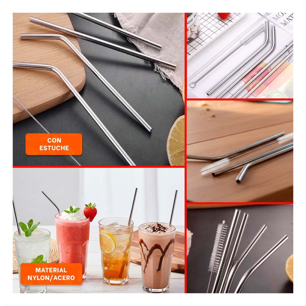 PACK12 KIT PLATEADO CON 5 POPOTES Y CEPILLO LIMPIA POPOTES EN ESTUCHE RECTA Y CURVA - 2
