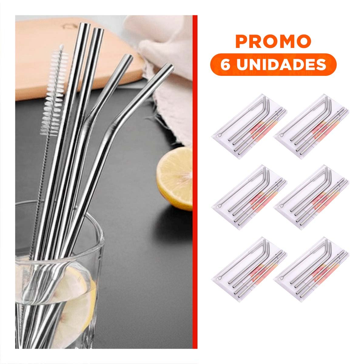 PACK6 KIT 5 POPOTES PLATEADO CON CEPILLO LIMPIA POPOTES Y ESTUCHE PARA BEBIDAS YREGALO STICKER - 1