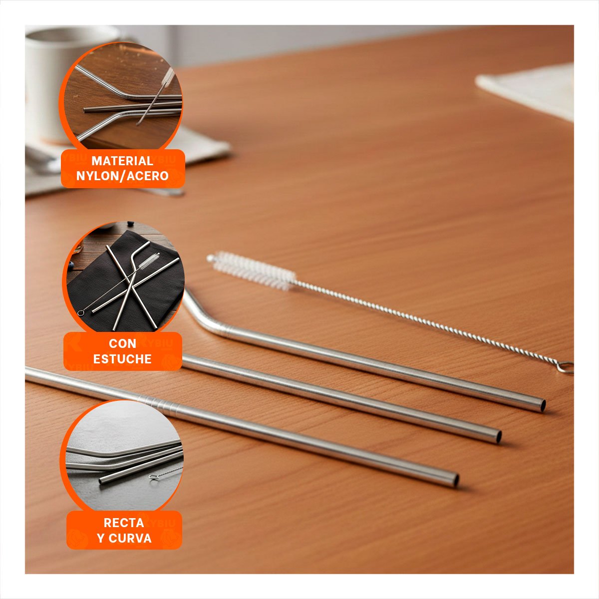 PACK12 PACK 5 POPOTES Y CEPILLO LIMPIA POPOTES PLATEADO CON ESTUCHE CURVO YPAPEL REGALO - 3