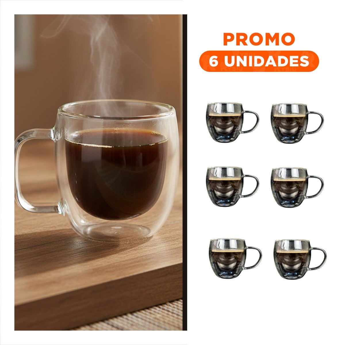 PACK6 VASO CON ESPRESSO DOBLE CAPA 80 ML EN COLOR TRANSPARENTE ASA CUADRADA YREGALO STICKER - 1