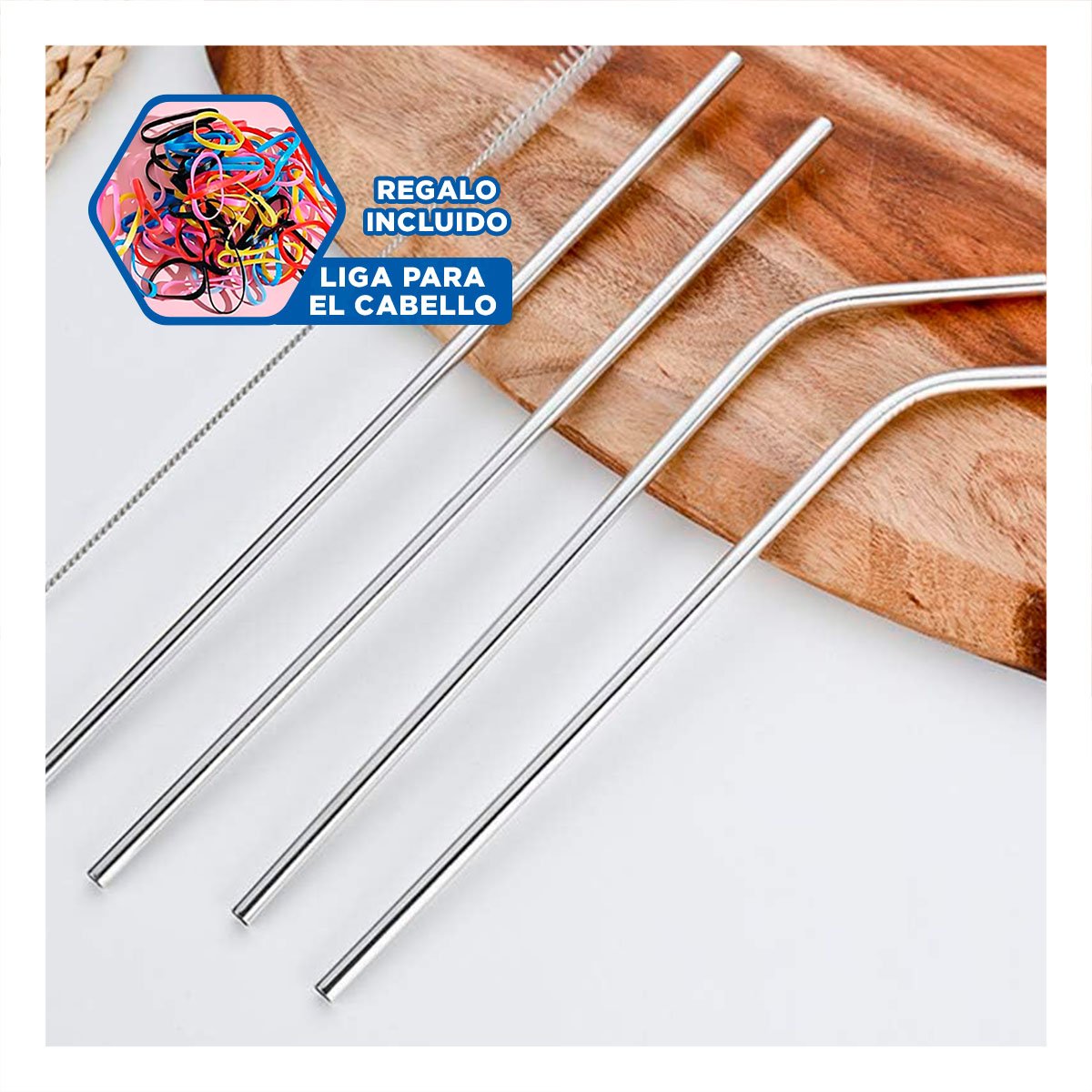 SET CEPILLO LIMPIA POPOTES Y 5 POPOTES PLATEADO CON ESTUCHE RECTA Y CURVA YLIGAS REGALO - 2