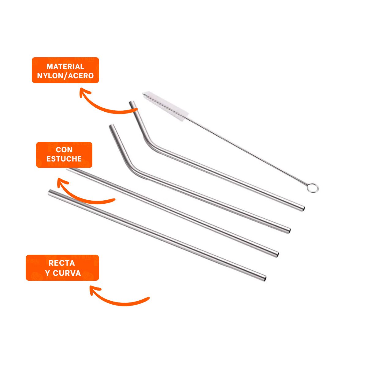 SET PLATEADO CON ESTUCHE 5 POPOTES Y CEPILLO LIMPIA POPOTES RECTA Y CURVA YPOST IT - 5