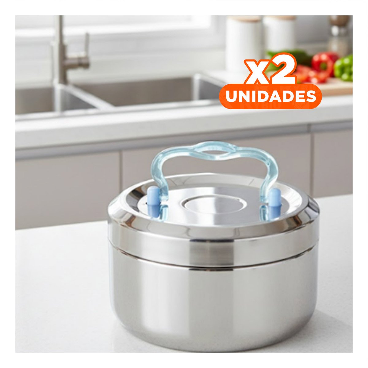 PACK2 CONTENEDOR EN ACERO PLATEADO Y CELESTE 1000ML CON FORMA CIRCULAR CUADRADO MODERNA - 1