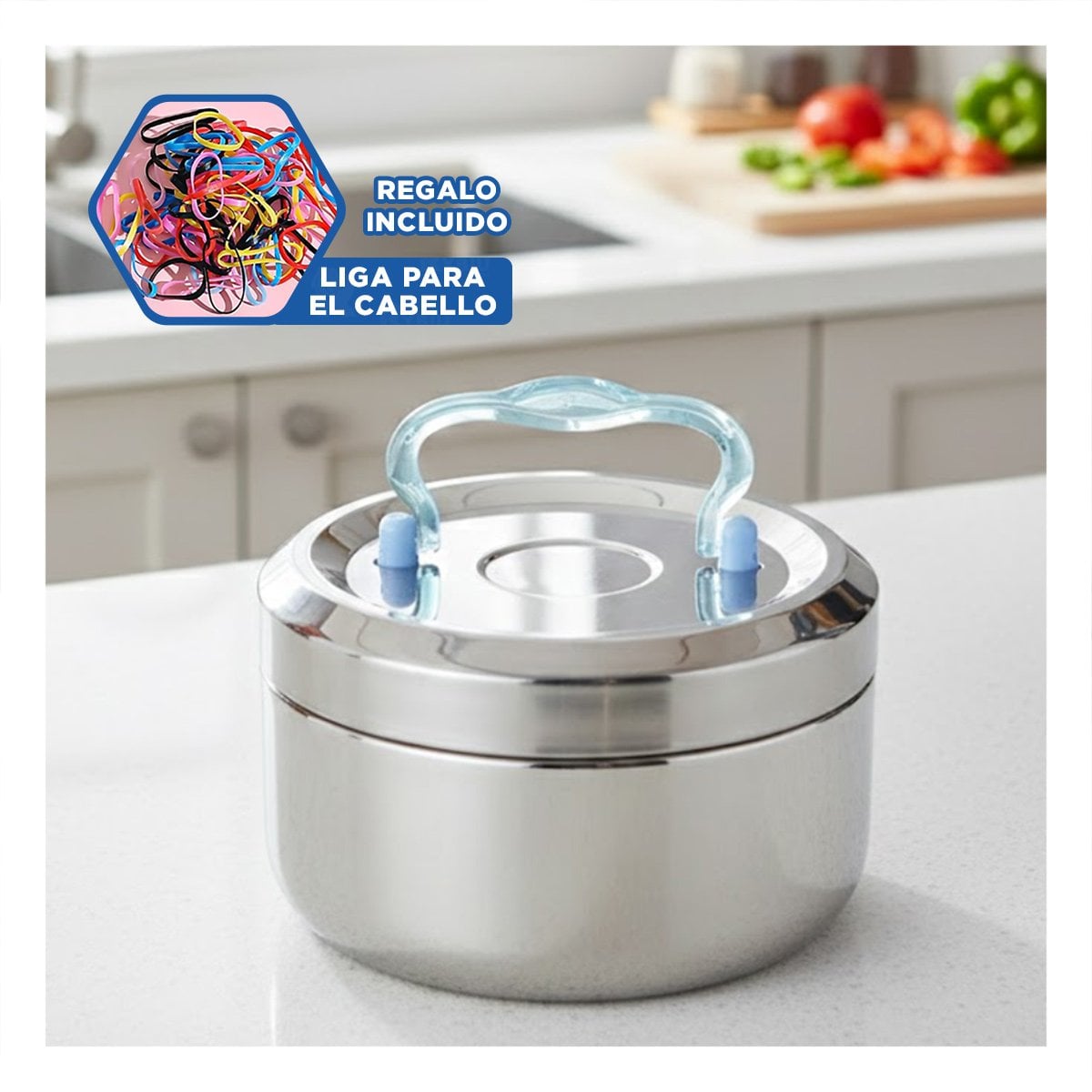 TAPER TERMICO PLATEADO Y CELESTE EN ACERO DE 1200ML CON FORMA CIRCULAR CUADRADO YLIGAS REGALO - 2