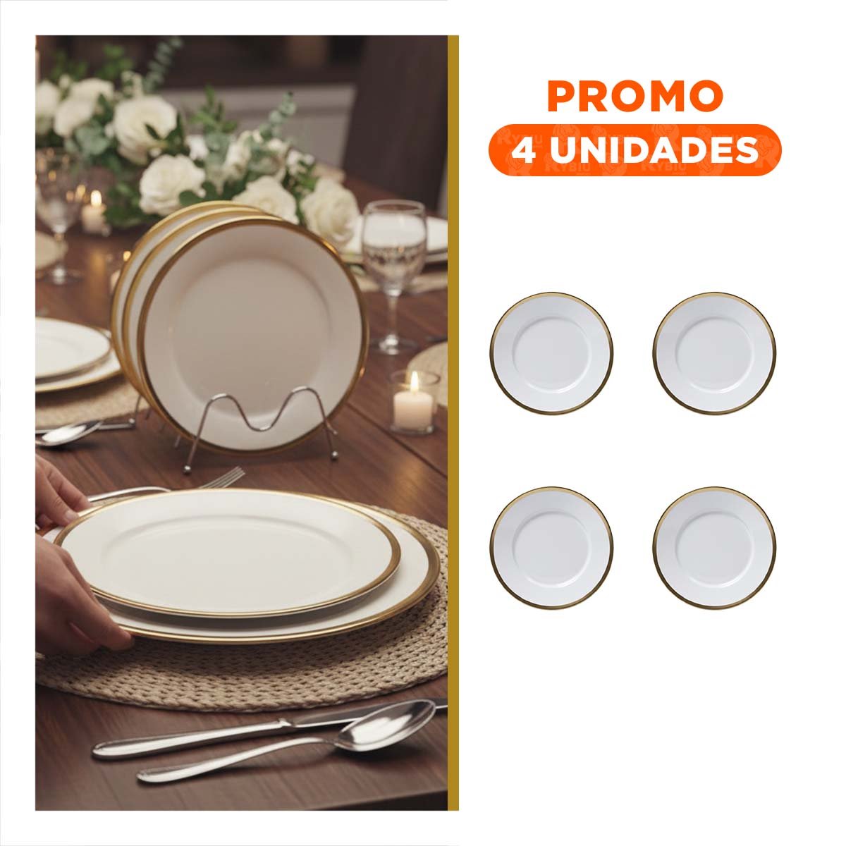 PACK4 FUENTE DE COMEDOR EN BLANCO CON MARCO DORADO BRILLANTE PARA USO EN EVENTOS - 1
