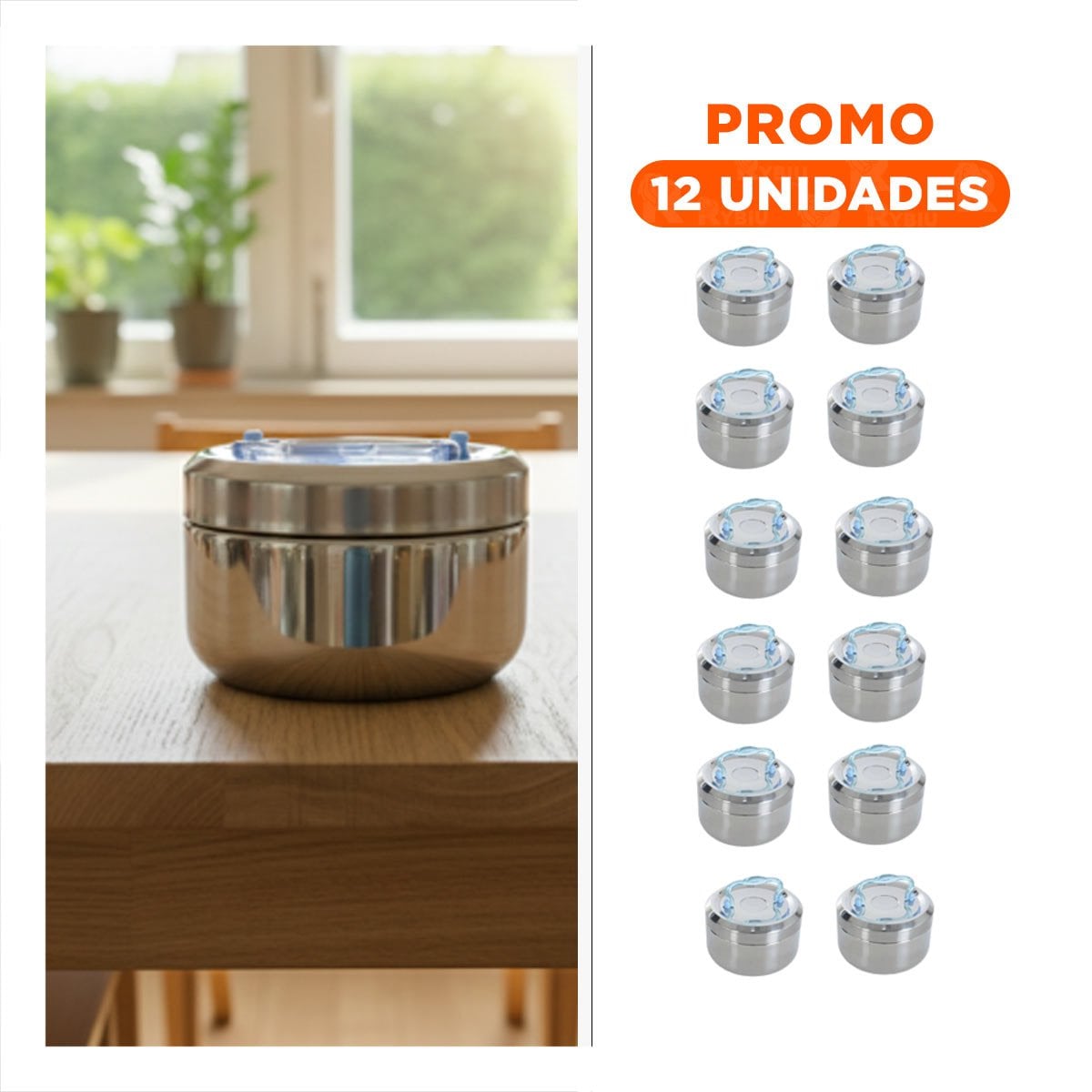 PACK12 RECIPIENTE TERMICO DE 800ML PLATEADO Y CELESTE EN ACERO RESISTENTE - 1