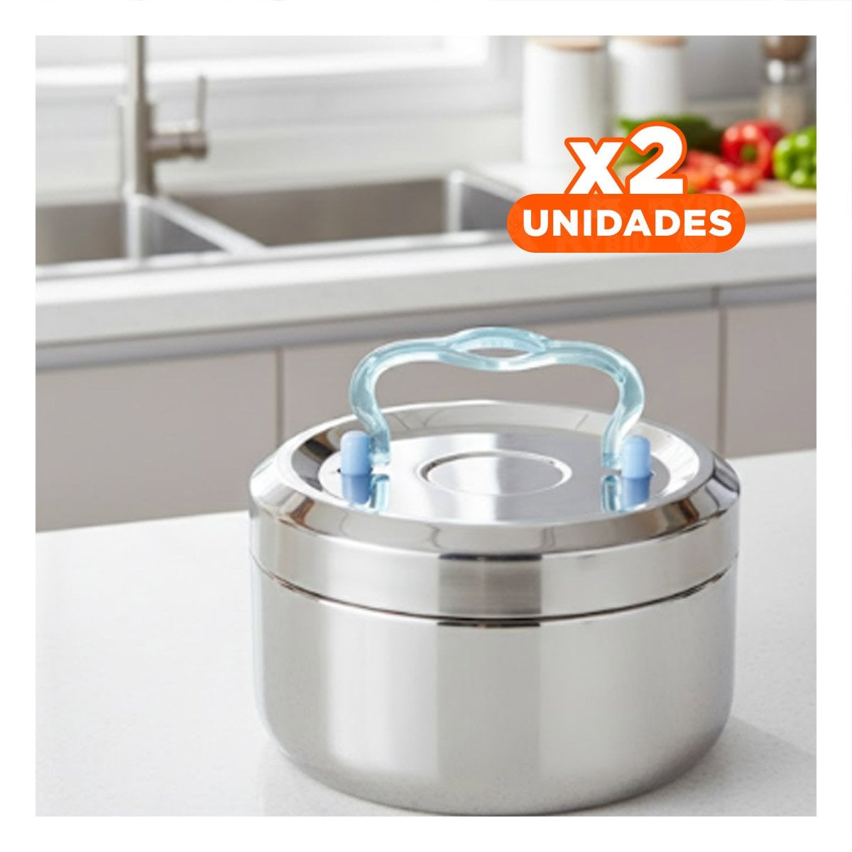 PACK2 CONTENEDOR PLATEADO Y CELESTE 1000ML CIRCULAR CUADRADO CON CIERRE SEGURO YPAPEL REGALO - 1