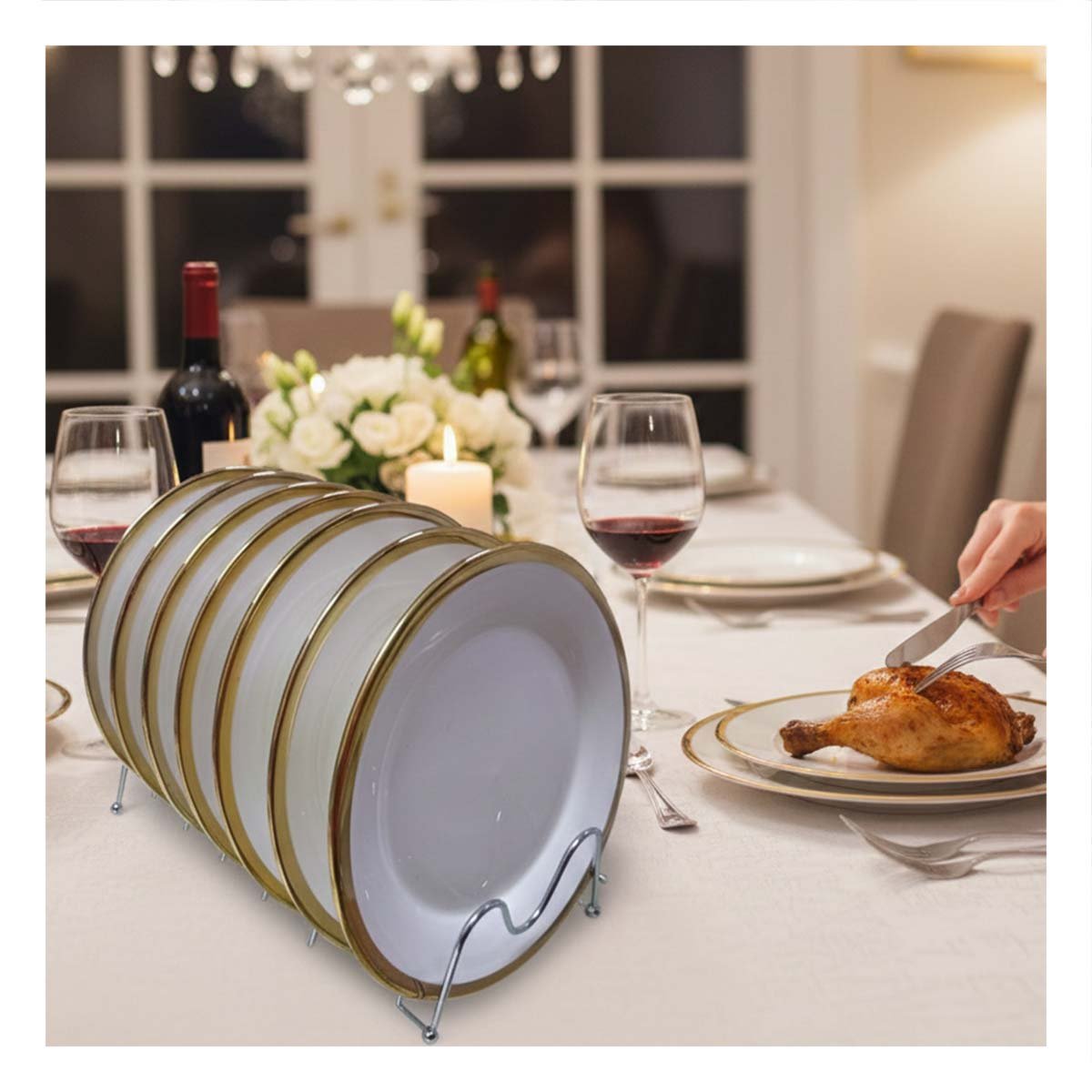PLATO PLANO EN COLOR BLANCO CON BORDE DORADO PARA MESA FORMAL Y PRESENTACION ELEGANTE - 5