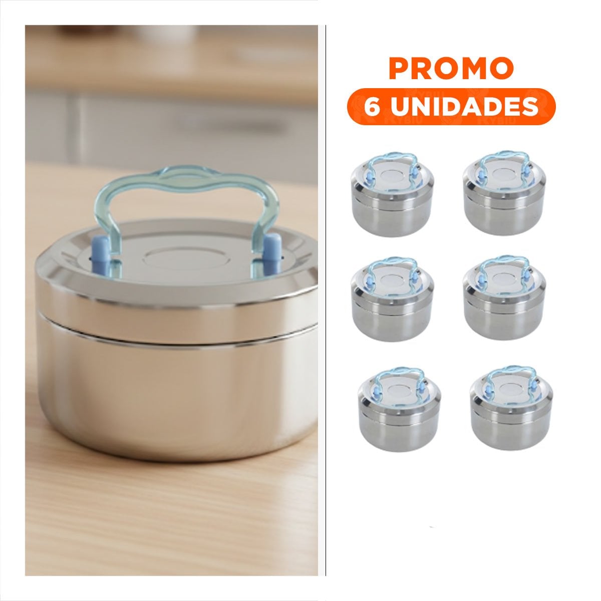 PACK6 RECIPIENTE CIRCULAR CUADRADO PLATEADO Y CELESTE DE 800ML PARA TRANSPORTE YREGALO STICKER - 1