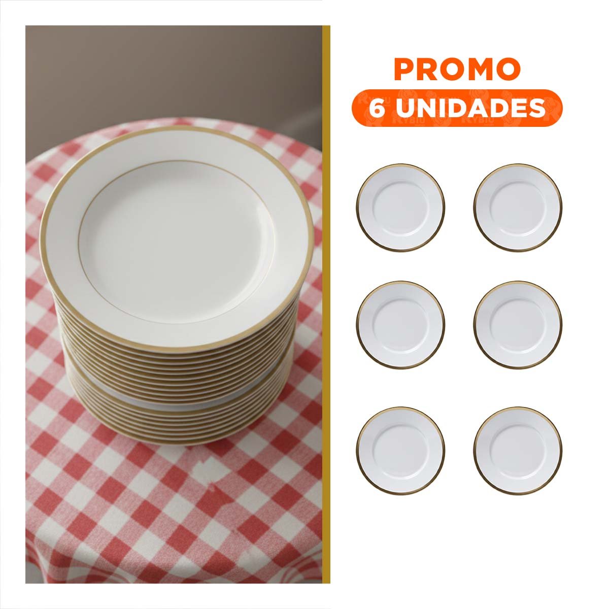 PACK6 VAJILLA BLANCO CON MARCO DORADO DECORATIVO PARA INTEGRACION EN COMEDOR YREGALO STICKER - 1