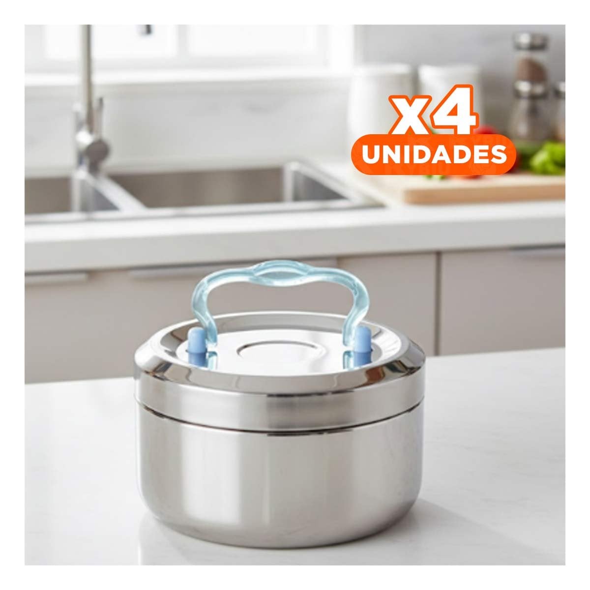 PACK4 RECIPIENTE PLATEADO Y CELESTE DE 1000ML CIRCULAR CUADRADO CON TAPA YREGALO STICKER - 1
