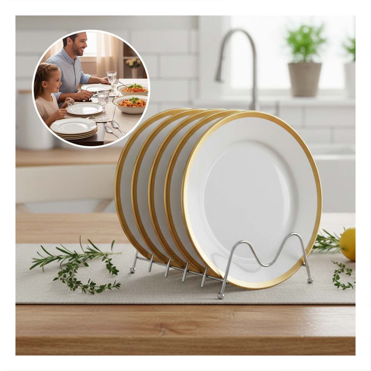 PLATO REDONDO EN BLANCO CON BORDE DORADO DECORATIVO PARA COMEDOR CLASICO YPAPEL REGALO - 2