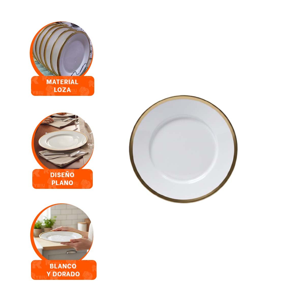 PLATO REDONDO EN BLANCO CON BORDE DORADO DECORATIVO PARA COMEDOR CLASICO YPAPEL REGALO - 5