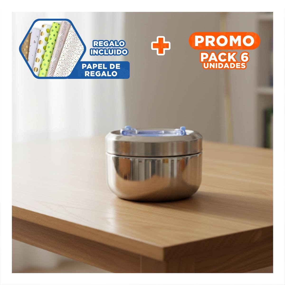 PACK6 RECIPIENTE EN ACERO PLATEADO Y CELESTE 800ML CON FORMA CIRCULAR CUADRADO YPAPEL REGALO - 1