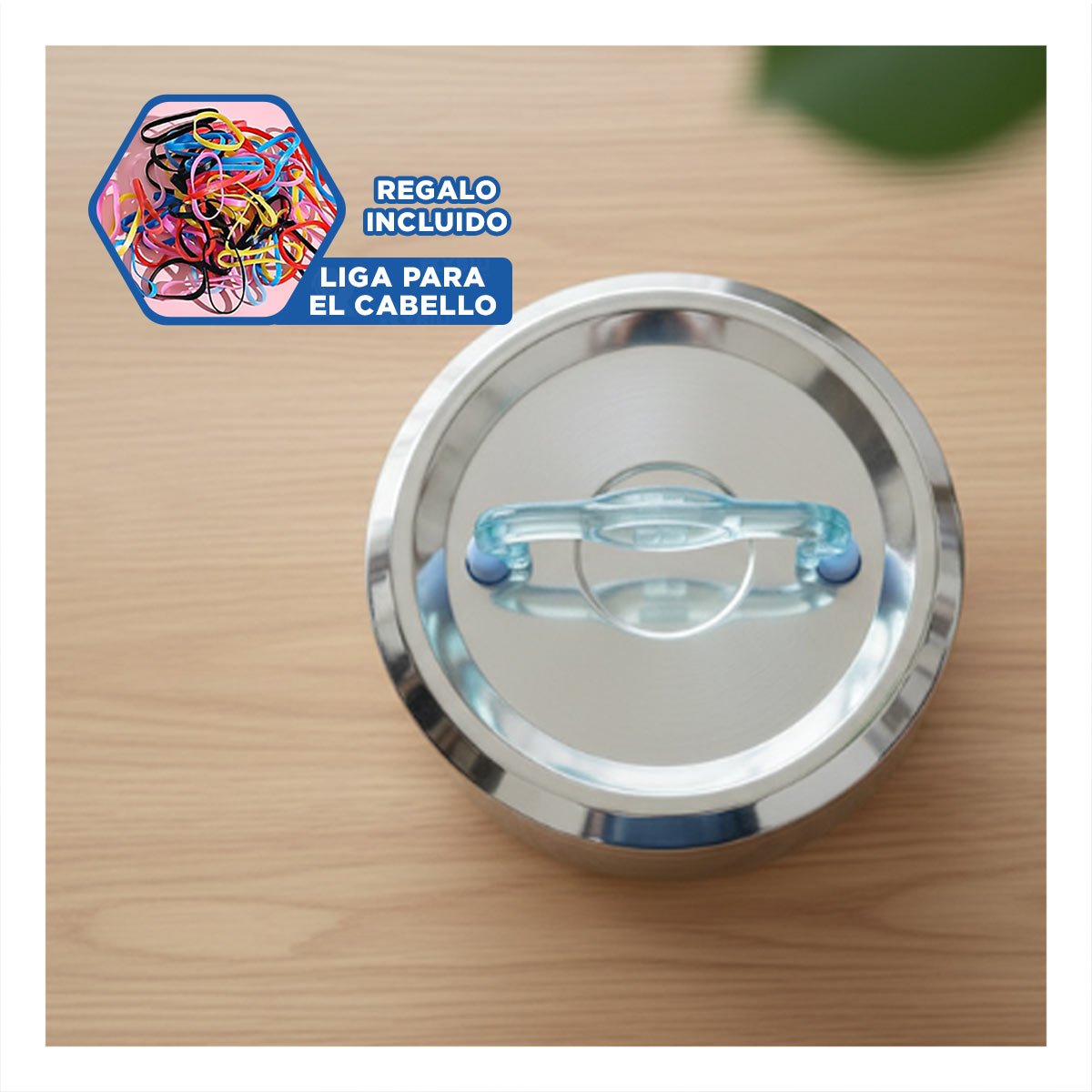 TAPER TERMICO PLATEADO Y CELESTE EN ACERO DE 800ML CON FORMA CIRCULAR CUADRADO YLIGAS REGALO - 2