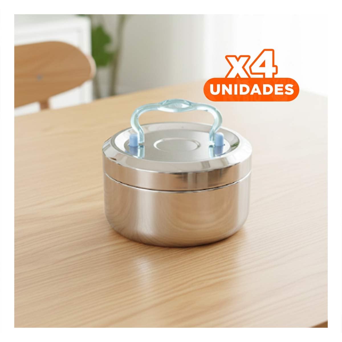 PACK4 RECIPIENTE PLATEADO Y CELESTE DE 800ML CIRCULAR CUADRADO CON TAPA SEGURA YREGALO STICKER - 1