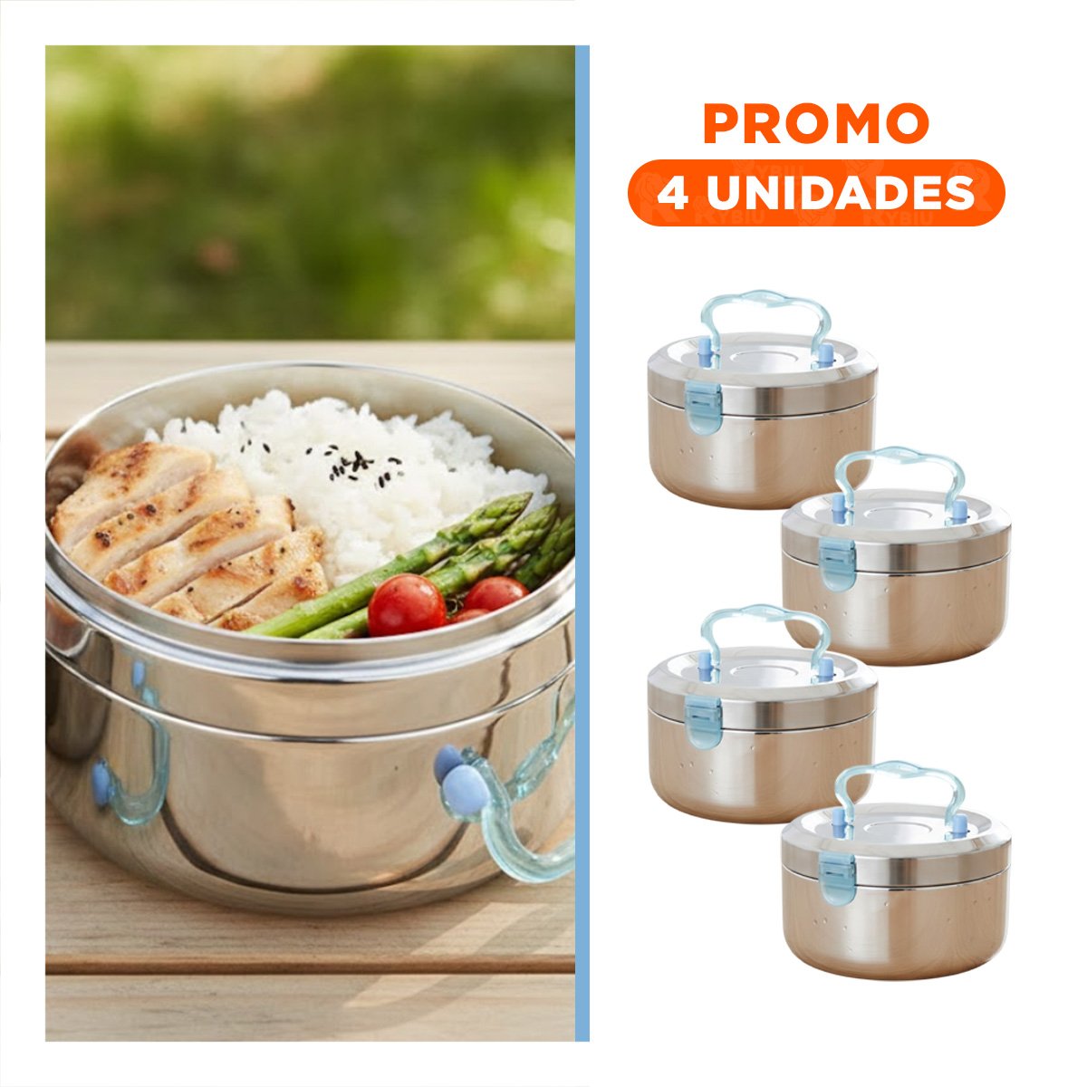 PACK4 CONTENEDOR TERMICO CIRCULAR CUADRADO PLATEADO Y CELESTE CON INTERIOR DE 1200ML - 1