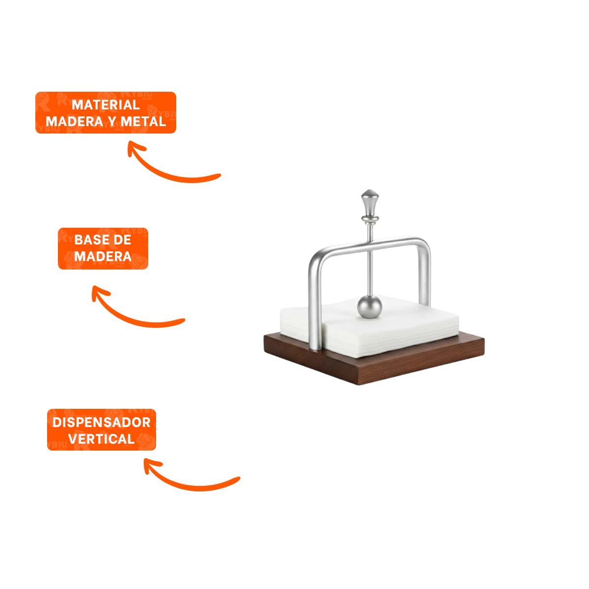 SERVILLETERO DE COLOR PLATEADO VERTICAL CON BASE MADERA Y BRAZO DISPENSADOR YPAPEL REGALO - 5