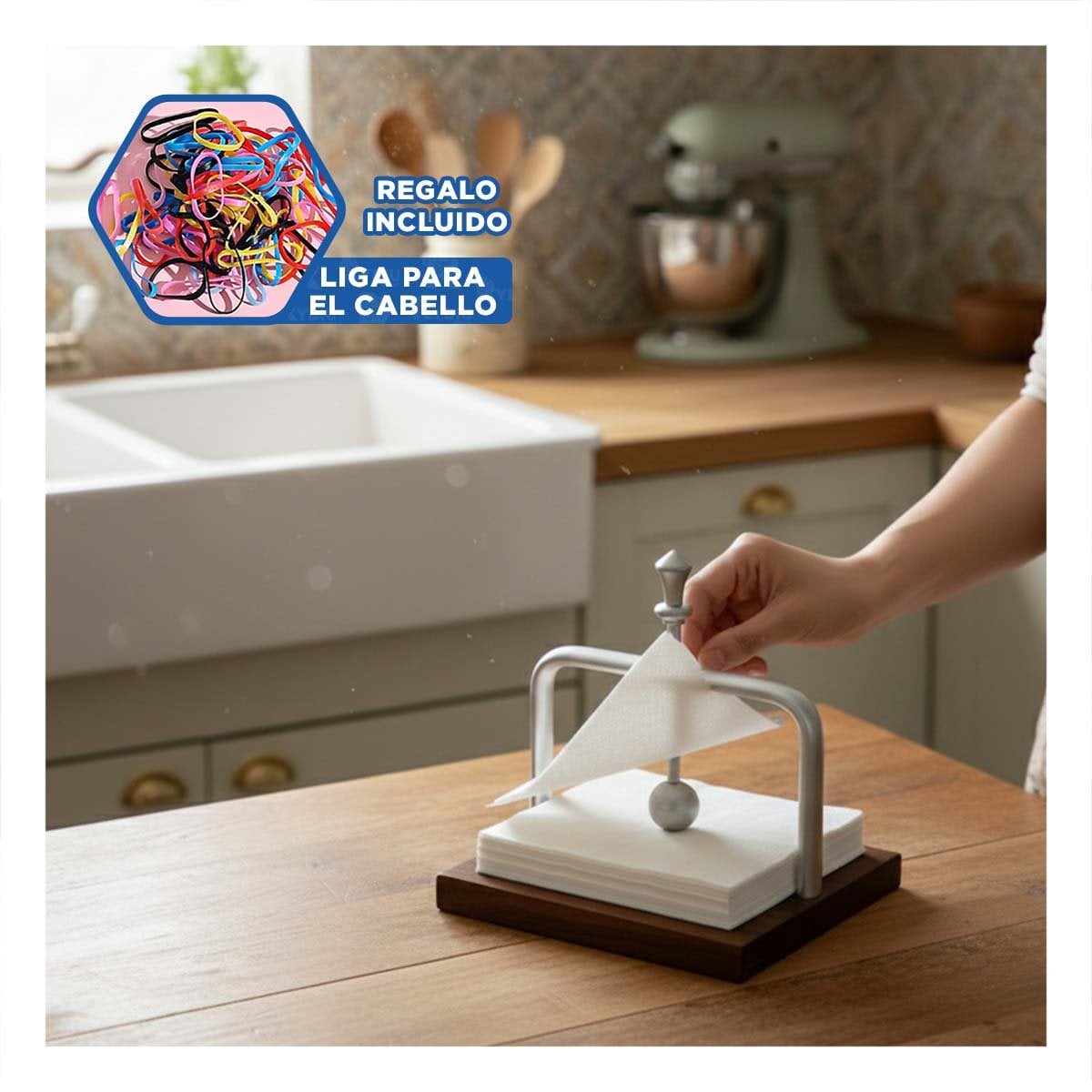 SERVILLETERO DE MESA DE COLOR PLATEADO DE BASE MADERA Y SISTEMA DISPENSADOR YLIGAS REGALO - 2