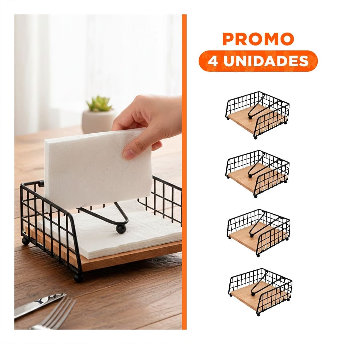 PACK4 DISPENSADOR BORDE CUADRADO DE COLOR DORADO BASE MADERA PARA MESA - 1