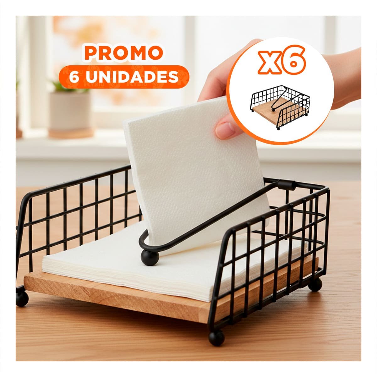 PACK6 ORGANIZADOR DE SERVILLETAS BORDE CUADRADO DE COLOR DORADO BASE MADERA - 1