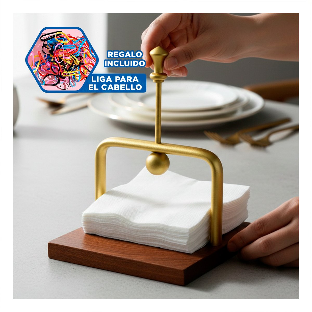 SERVILLETERO DE MESA DE COLOR DORADO DE BASE MADERA Y SISTEMA DISPENSADOR YLIGAS REGALO - 2