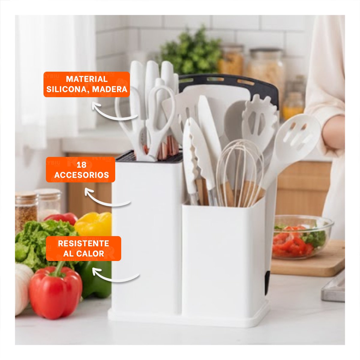 SET PROFESIONAL DE 18PZ EN COLOR BLANCO DE SILICONA Y MADERA DE USO FAMILIAR YPAPEL REGALO - 2