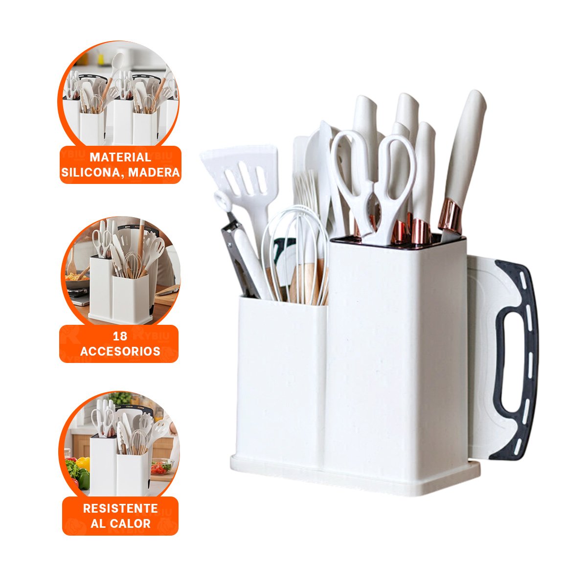 SET PROFESIONAL DE 18PZ EN COLOR BLANCO DE SILICONA Y MADERA DE USO FAMILIAR YPAPEL REGALO - 5