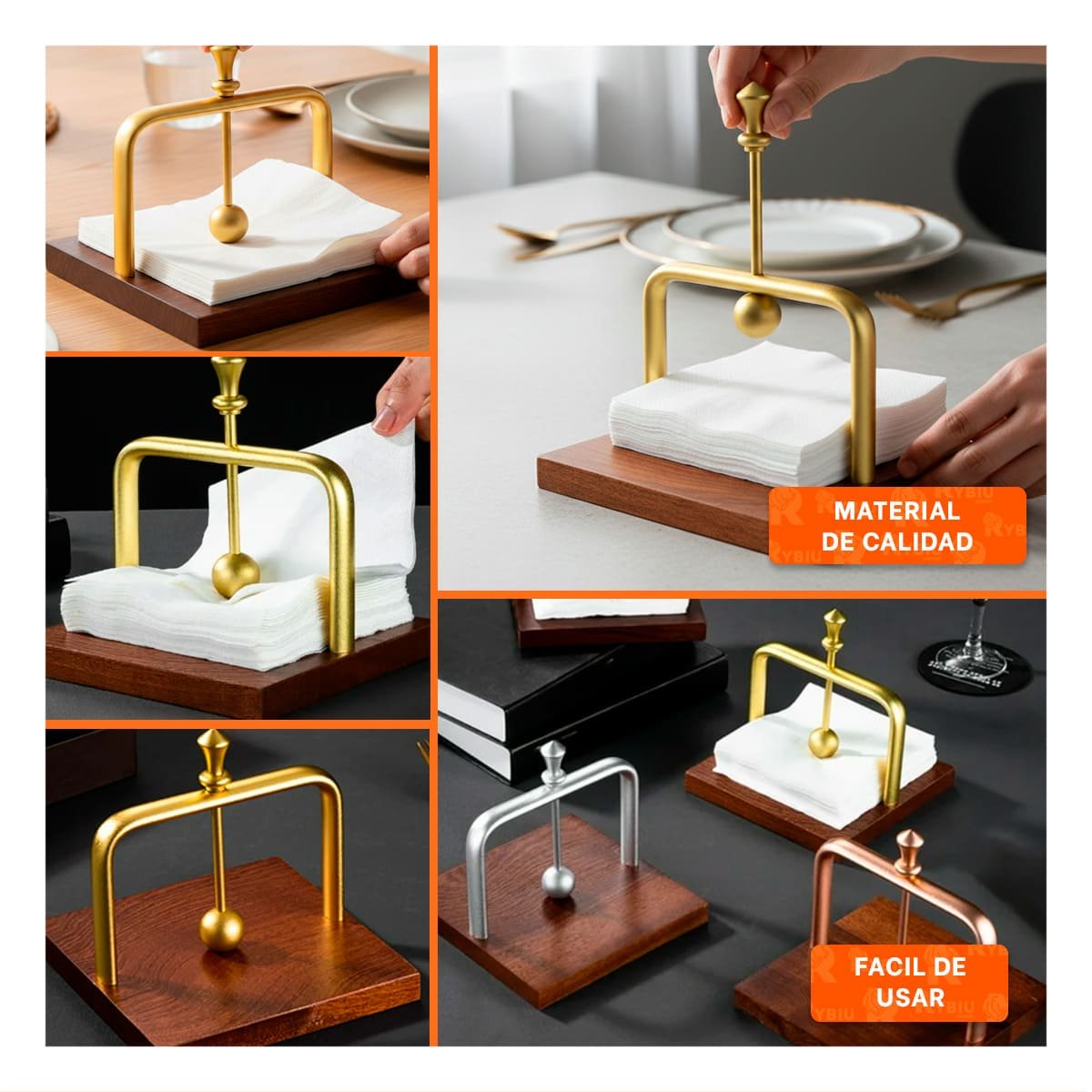 SERVILLETERO DE COLOR DORADO VERTICAL CON BASE MADERA Y BRAZO DISPENSADOR YPAPEL REGALO - 3