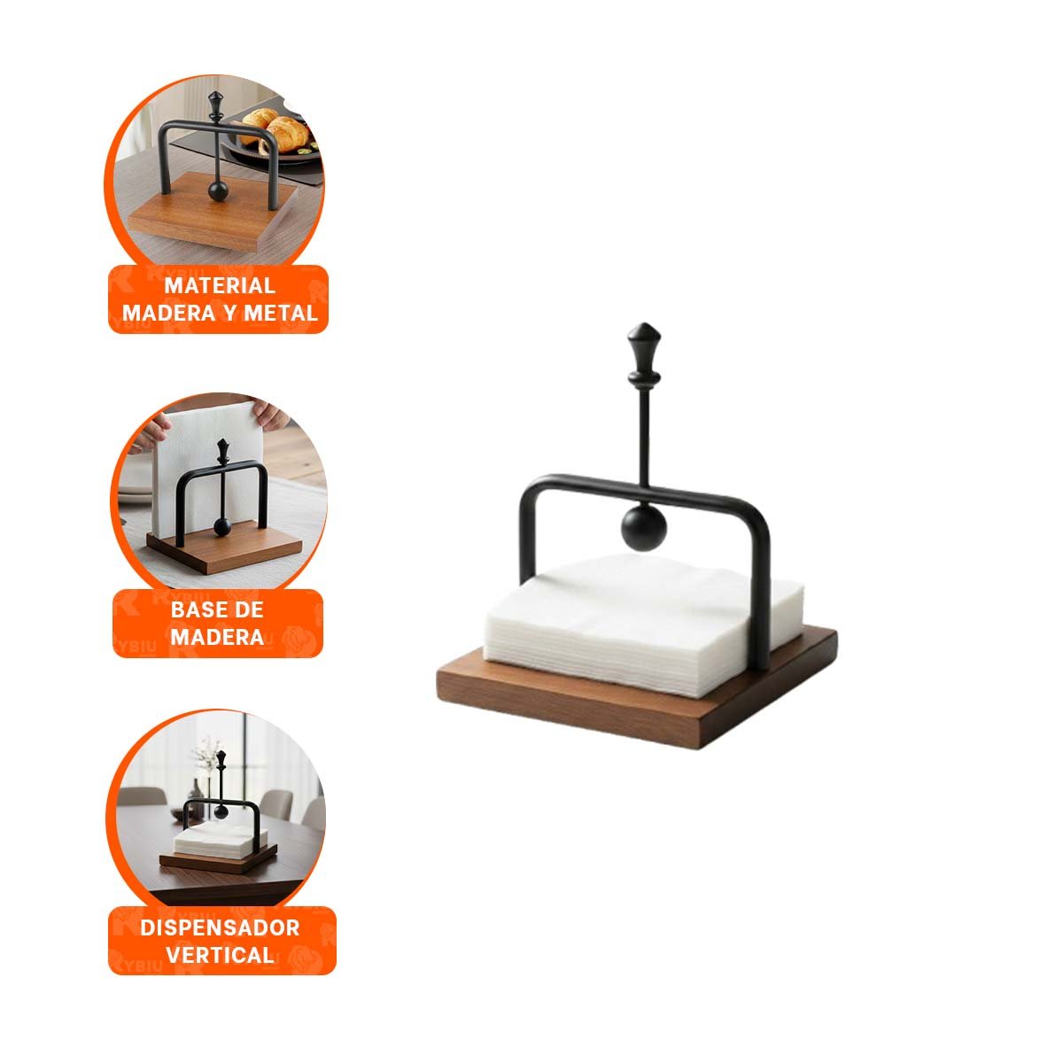 SERVILLETERO DE COLOR NEGRO VERTICAL CON BASE MADERA Y BRAZO DISPENSADOR YPAPEL REGALO - 5
