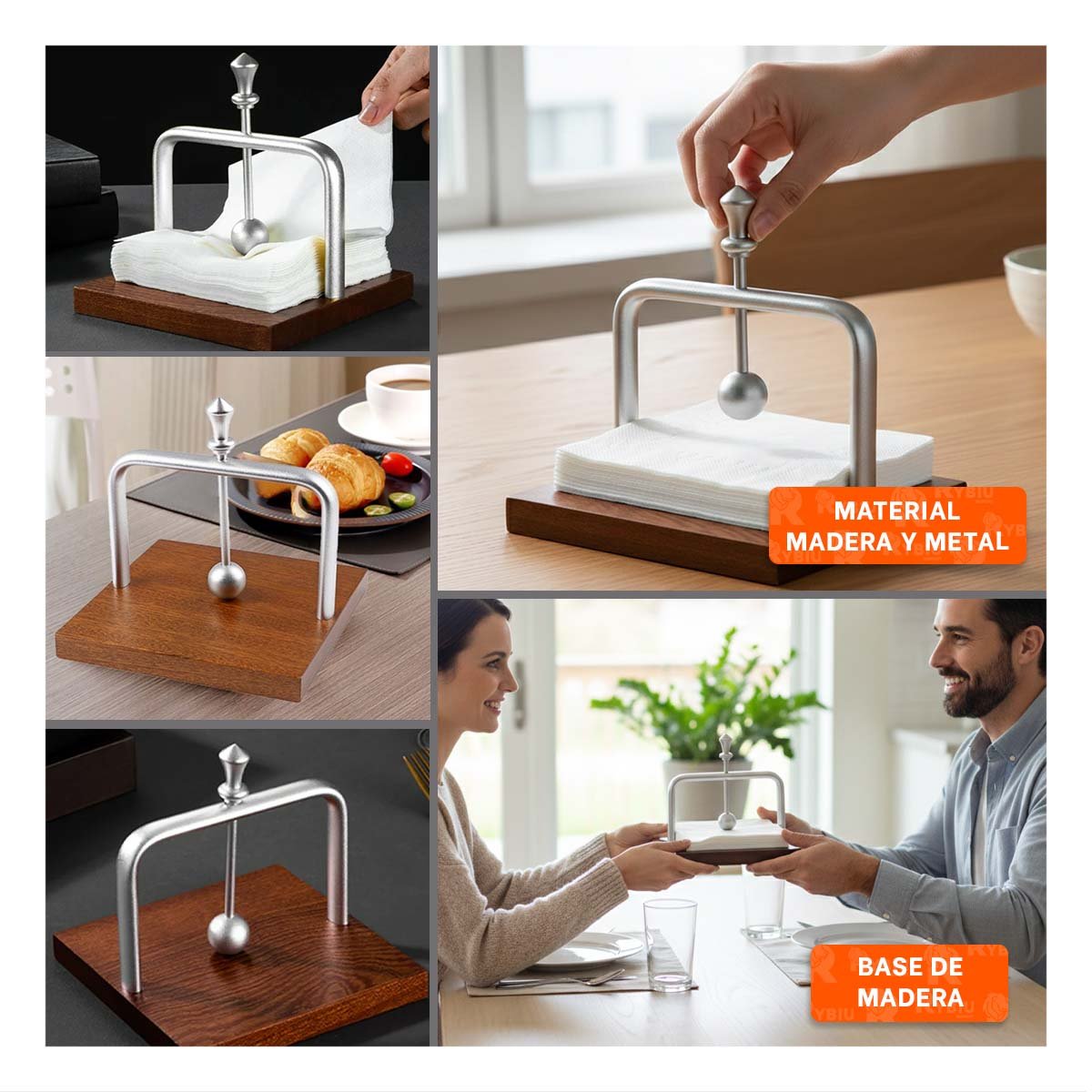 SERVILLETERO VERTICAL DE COLOR PLATEADO CON BASE MADERA Y BRAZO FUNCIONAL YPOST IT - 2