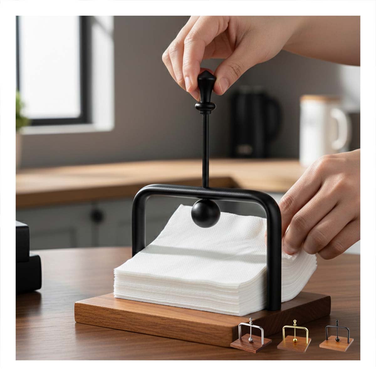 SERVILLETERO VERTICAL DE COLOR NEGRO CON BASE MADERA Y BRAZO DISPENSADOR PARA MESA - 1