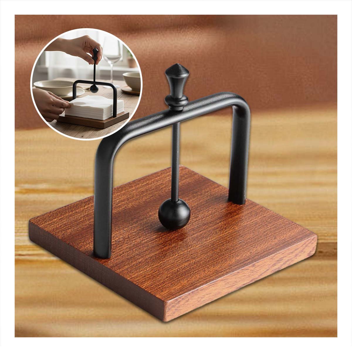 SERVILLETERO VERTICAL DE COLOR NEGRO CON BASE MADERA Y BRAZO DISPENSADOR PARA MESA - 3