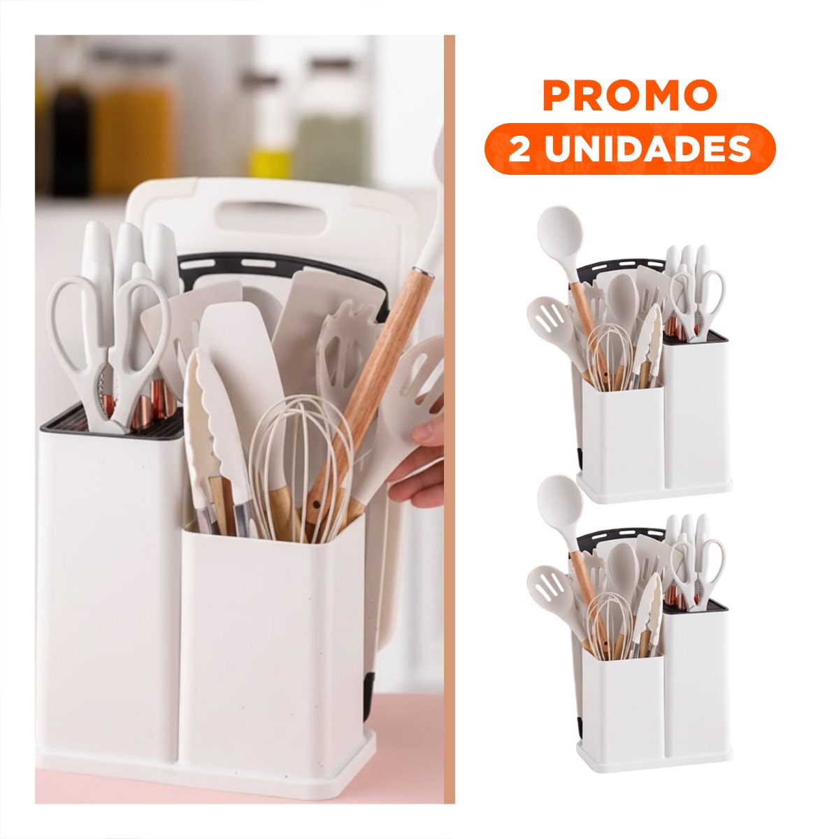 PACK2 JUEGO CON 18 PIEZAS DE COCINA EN COLOR BLANCO DE SILICONA Y MADERA YREGALO STICKER - 1