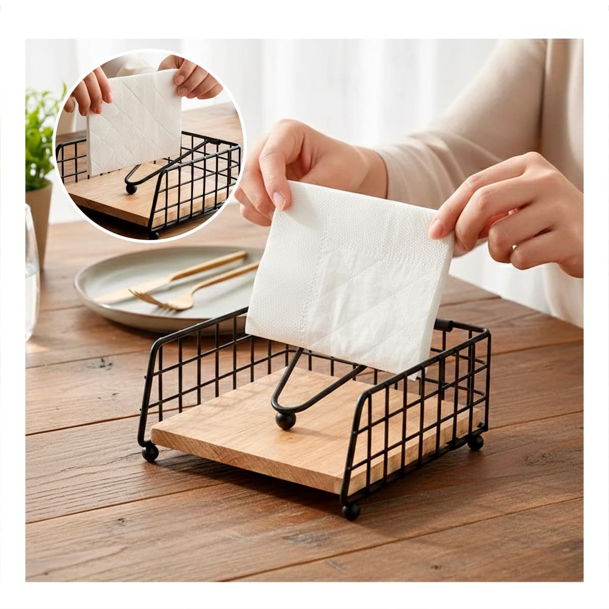 SERVILLETERO DE COLOR DORADO BORDE CUADRADO CON BASE MADERA Y BRAZO DISPENSADOR YPAPEL REGALO - 2