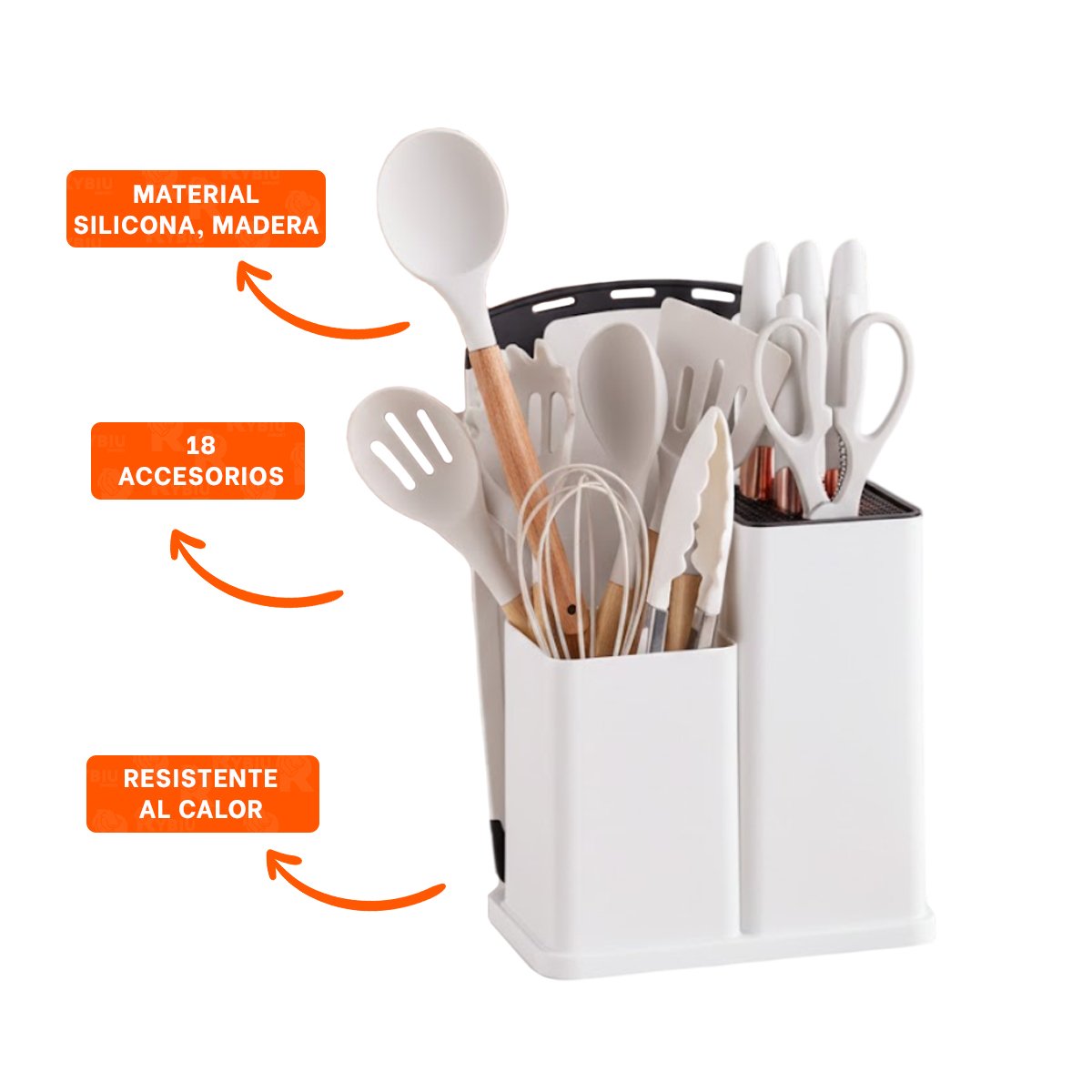 SET RESISTENTE DE COCINA CON 18 PIEZAS EN COLOR BLANCO DE SILICONA Y MADERA YPOST IT - 5