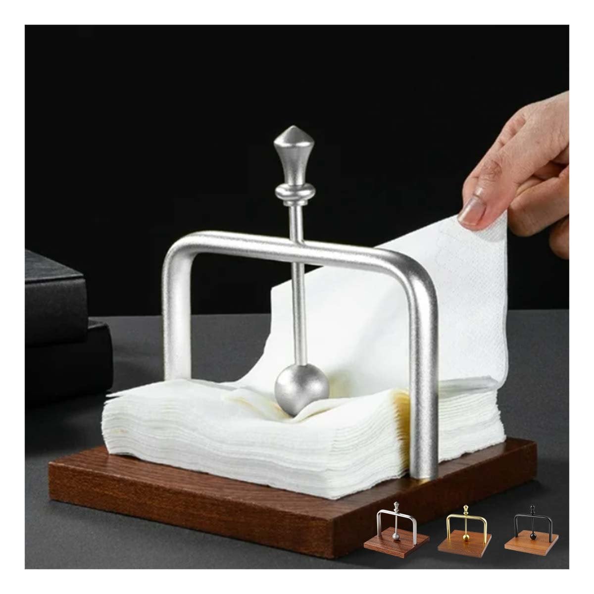 SERVILLETERO VERTICAL DE COLOR PLATEADO CON BASE MADERA Y BRAZO DISPENSADOR PARA MESA - 1