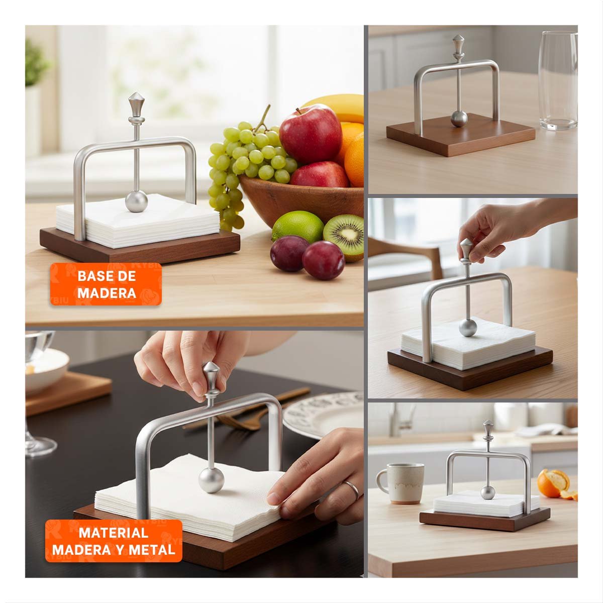 SERVILLETERO VERTICAL DE COLOR PLATEADO CON BASE MADERA Y BRAZO DISPENSADOR PARA MESA - 2