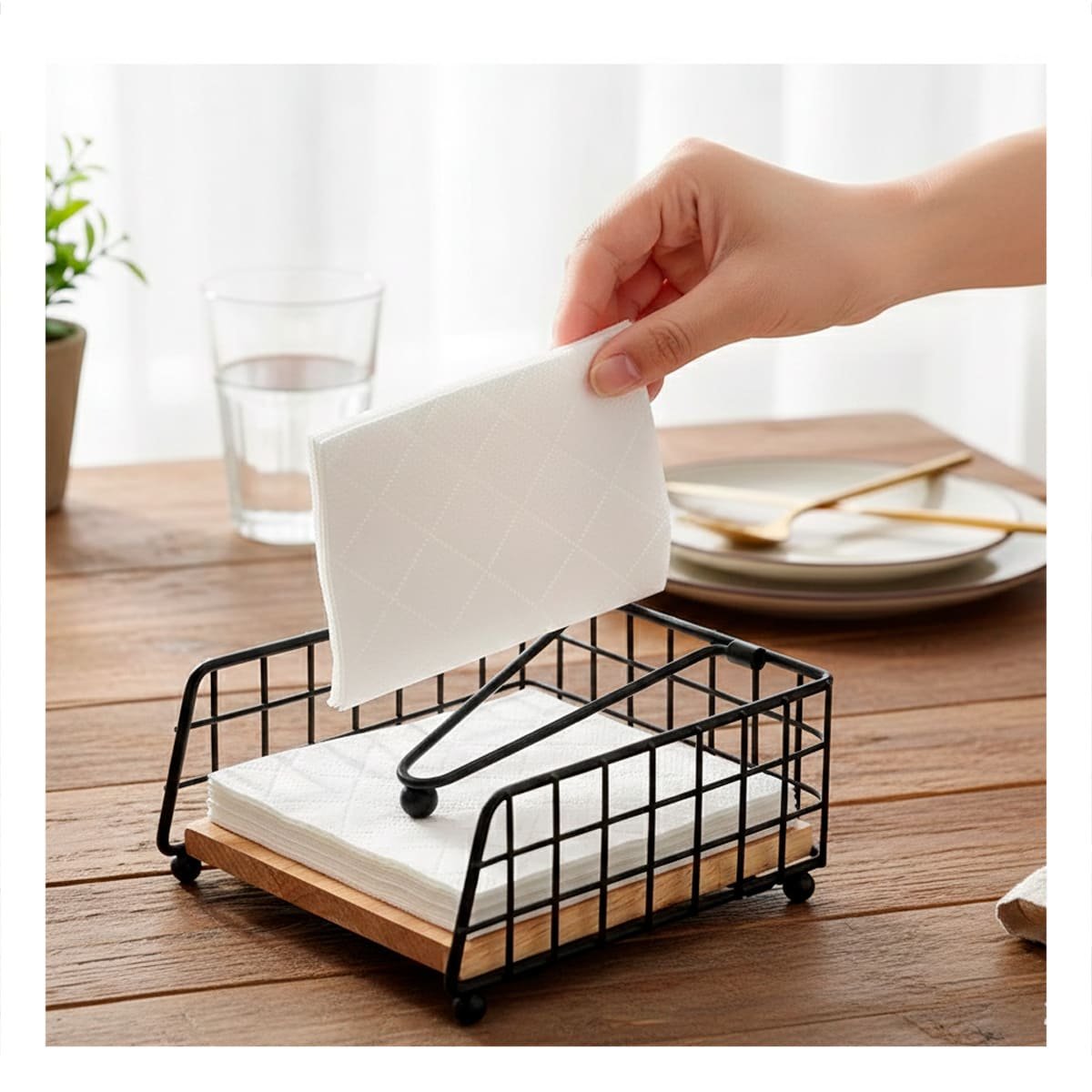 SERVILLETERO BORDE CUADRADO DE COLOR DORADO CON BASE MADERA Y BRAZO DISPENSADOR PARA MESA - 5