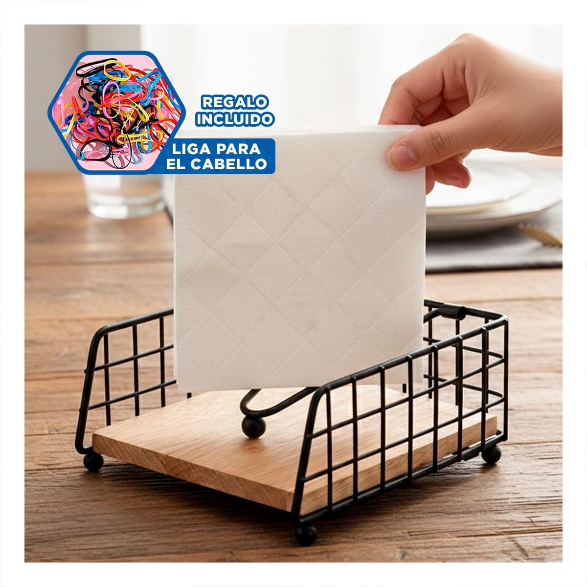 SERVILLETERO DE MESA DE COLOR DORADO DE BASE MADERA Y SISTEMA DISPENSADOR YLIGAS REGALO - 2