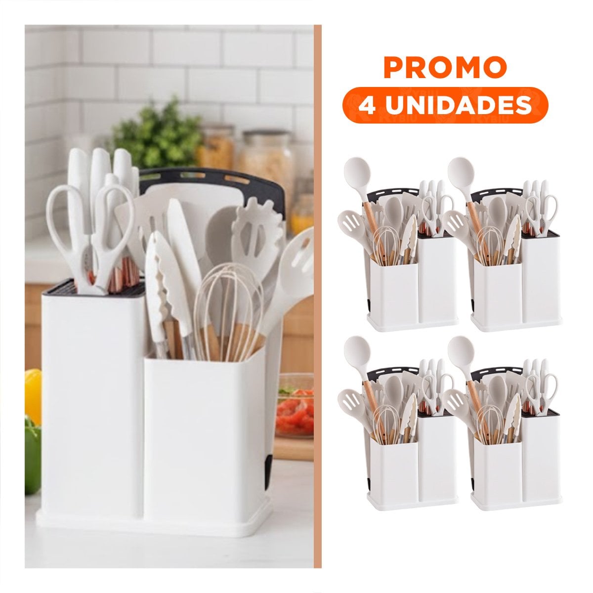 PACK4 JUEGO PREMIUM DE 18 PIEZAS BLANCO EN SILICONA Y MADERA PARA COCINA MODERNA - 1