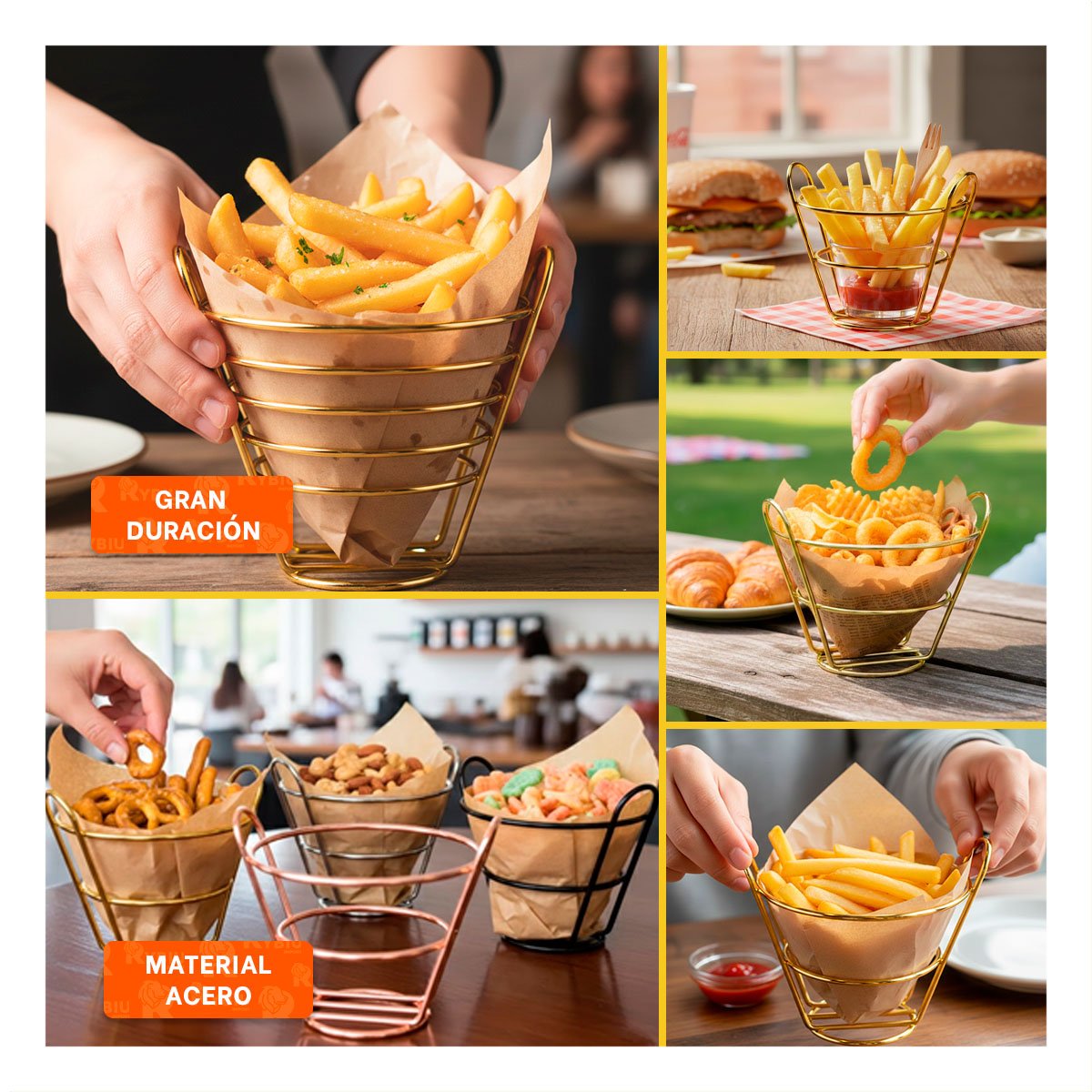 CANASTA PARA FREIR EN FORMA DE CONO EN COLOR DORADO PARA COCINA PROFESIONAL - 2