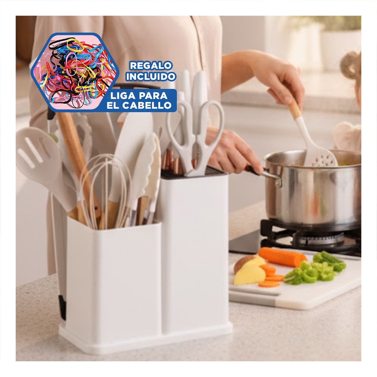 SET PRACTICO DE 18 PIEZAS BLANCO EN SILICONA Y MADERA PARA COCINA MODERNA YLIGAS REGALO - 2