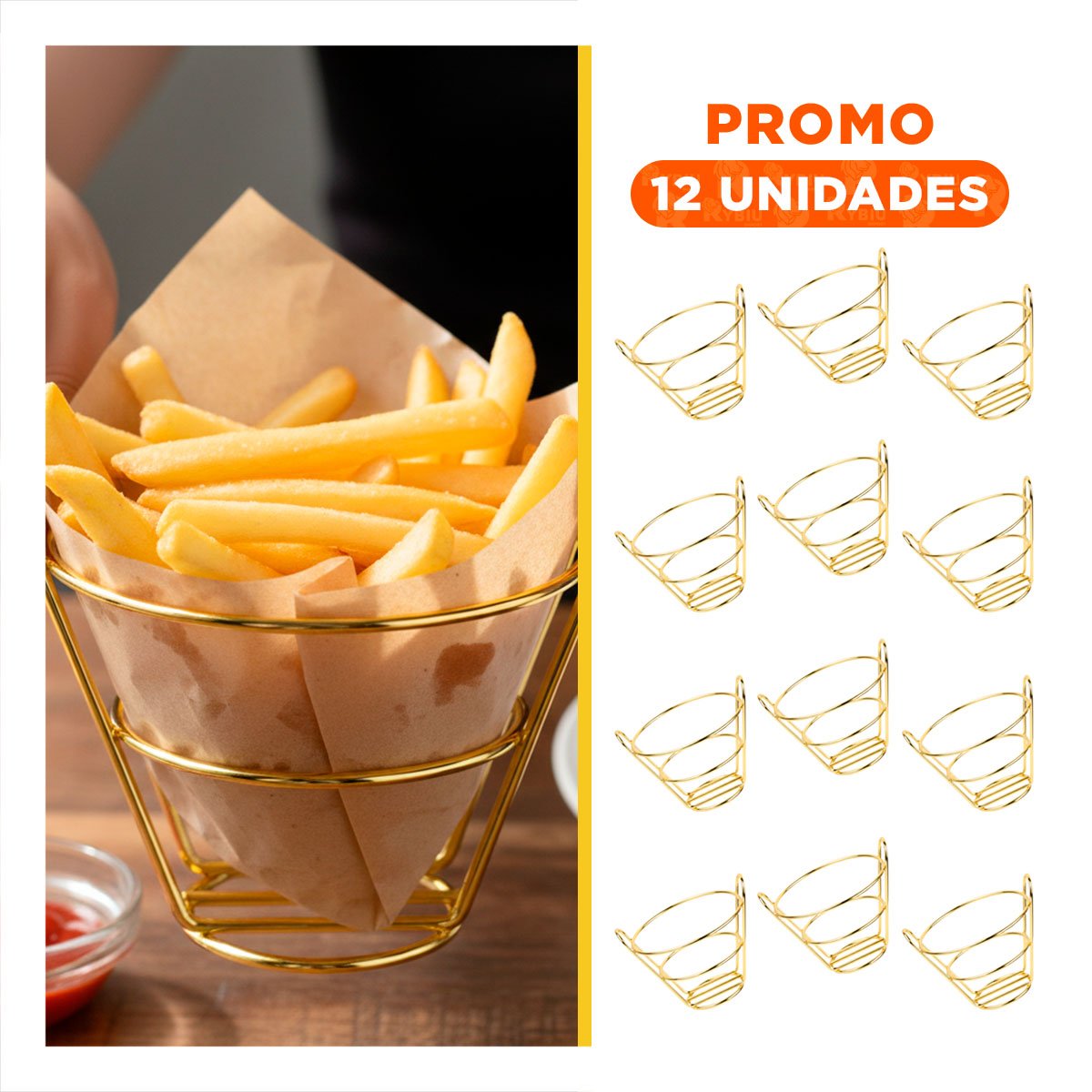 PACK12 REJILLA PARA FREIR EN FORMA DE CONO EN COLOR DORADO PARA COCINA PROFESIONAL - 1